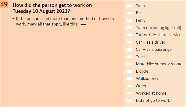 This question seeks information on how a person got to work on Tuesday 10 August 2021. 