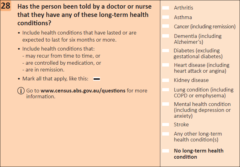 This question seeks information on if a person has a long-term health condition.