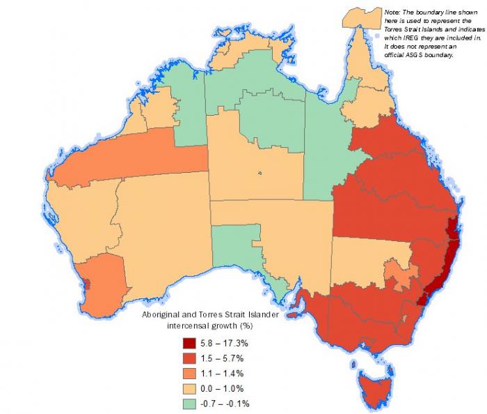 Map: Intercensal change in counts of Aboriginal and Torres Strait Islanders between the 2011 and 2016 Censuses in Indigenous Regions.