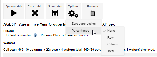 Percentages options menu